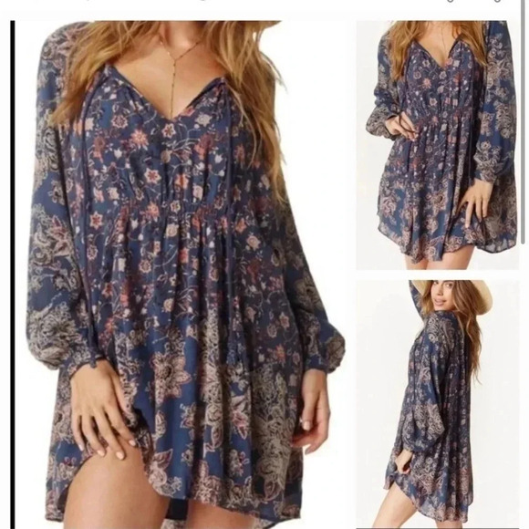 Free People Lucky Loosey Oversized Flowing Boho Peasant Mini Dress small - Picture 1 of 8